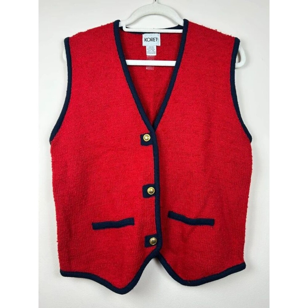Vintage Koret Women's S Red Acrylic Knit V-Neck Sweater Vest Blue Trim Buttons